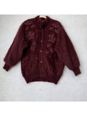 WANG BYUL Cardigan Sweater Womens Red Fuzzy Beaded Floral Lined Long Sleeve Knit